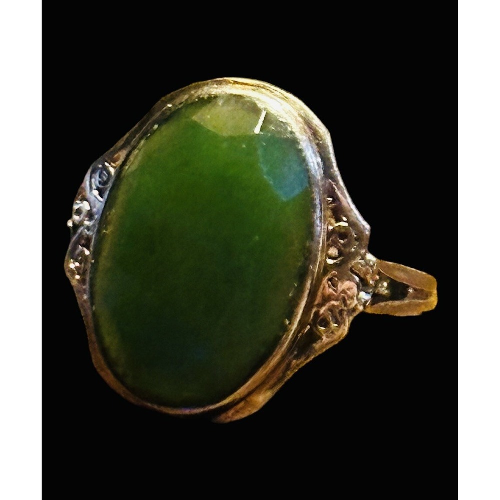 Art Deco 10K Yellow Gold Diamond Cut Natural Jadeite Stone Ring Size 6 Vtg OOAK - Picture 8 of 10